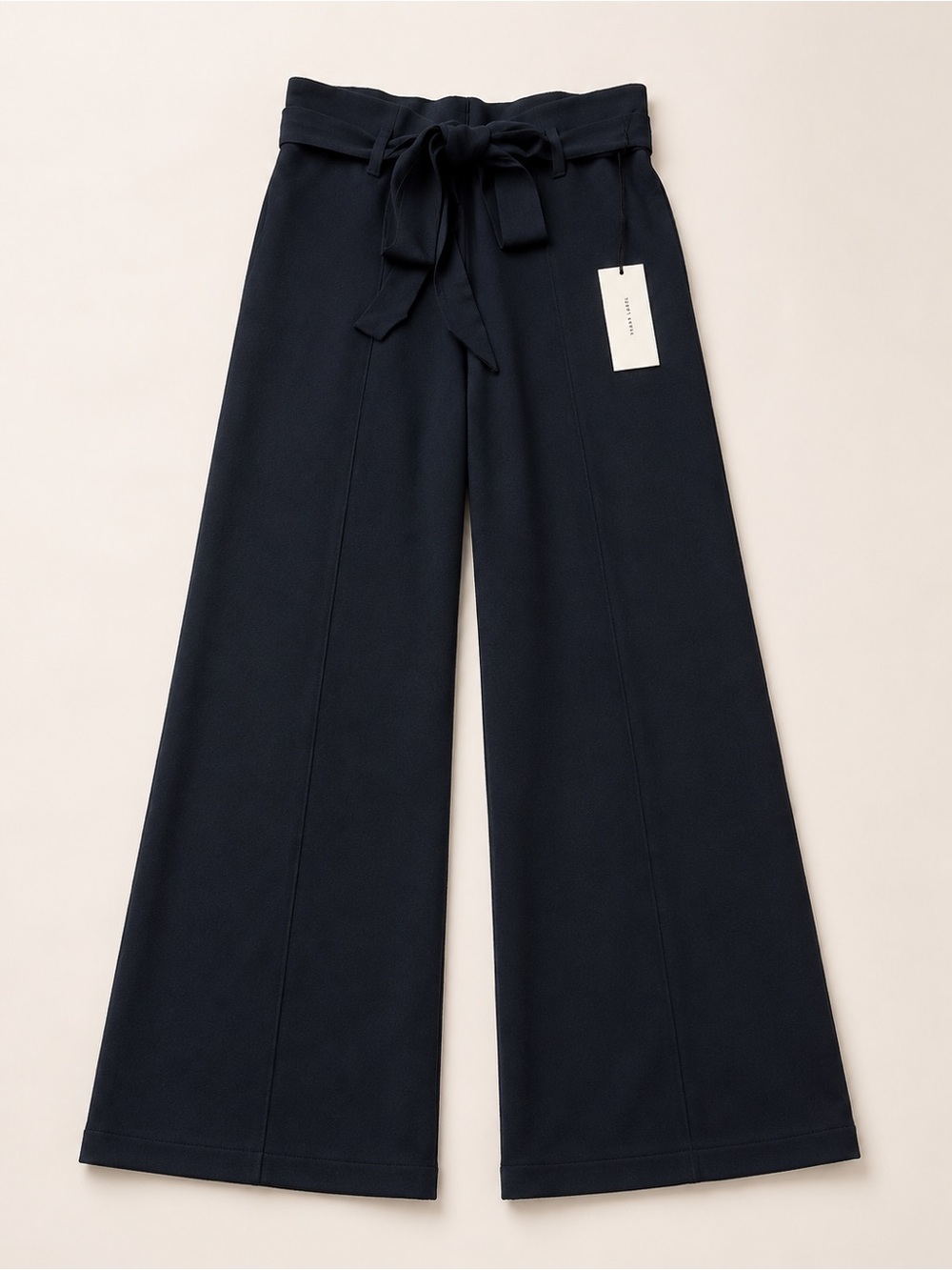 High-Rise Wide-Leg Pants with Self-Tie Belt - Navy